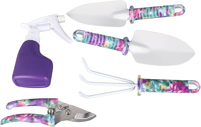 5 Pieces Garden Tool Set with Carrying Case Gardening Planting Tools with Cultivator Rake Shovels Branch Scissors Spray Can Purple
