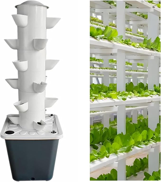 Small Hydroponic Tower 18-Hole Balcony Hydroponics Growing System Kit with Pump Timer Automatic Watering Suitable for Beginners to Grow Vegetables Fruits