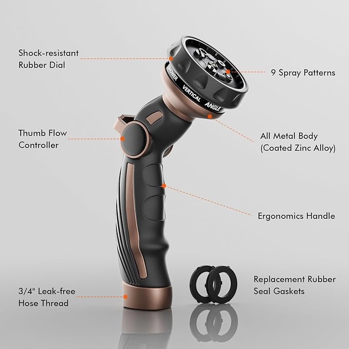 RESTMO Hose Nozzle Heavy Duty Metal Water Hose Sprayer for Garden 9 Spray Patterns | High Pressure | Thumb Flow Control | On/Off Valve Ideal for Outdoor Lawn &amp Plant Watering Car &amp Pet Was