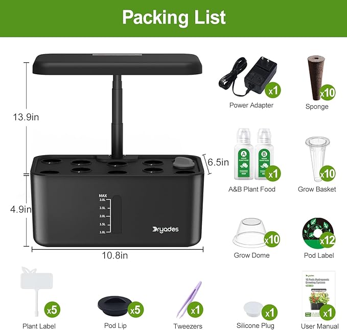Hydroponics Growing System Indoor Herb Garden 10-Pod Indoor Gardening System with 24W Full-Spectrum LED Grow Lights Quiet Smart Water Pump Plant Germination Kit for Herbs Vegetables