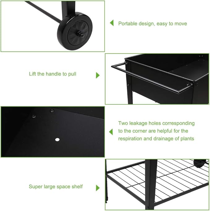 Outdoor Metal Planter Box Raised Garden Bed with Legs Outdoor Elevated Herb Planter Box Outdoor Mobile Overhead Planter Cart with Wheels for Vegetables Flowers Herbs Plants Patio (Black)