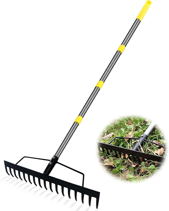 Heavy Duty Bow Rake 17 Tines Metal Garden Rake with Adjustable Handle for Leaves Lawn Soil Sod - 35-67 Metal Handle (Black)