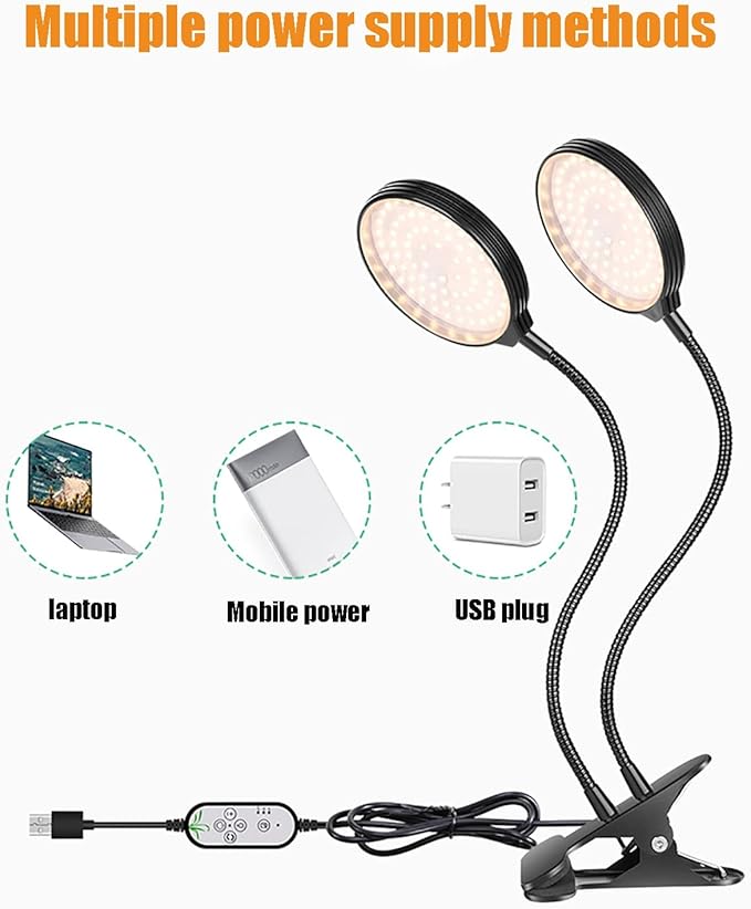 1-4 Heads LED Grow Light Full Spectrum Clip Plant Growing Lamp 5-Segment Dimming Mode 3 Fill Light Conversion Modes 4/8/12H Timer Idea for Small Plant Light (Size : 2pcs) ()