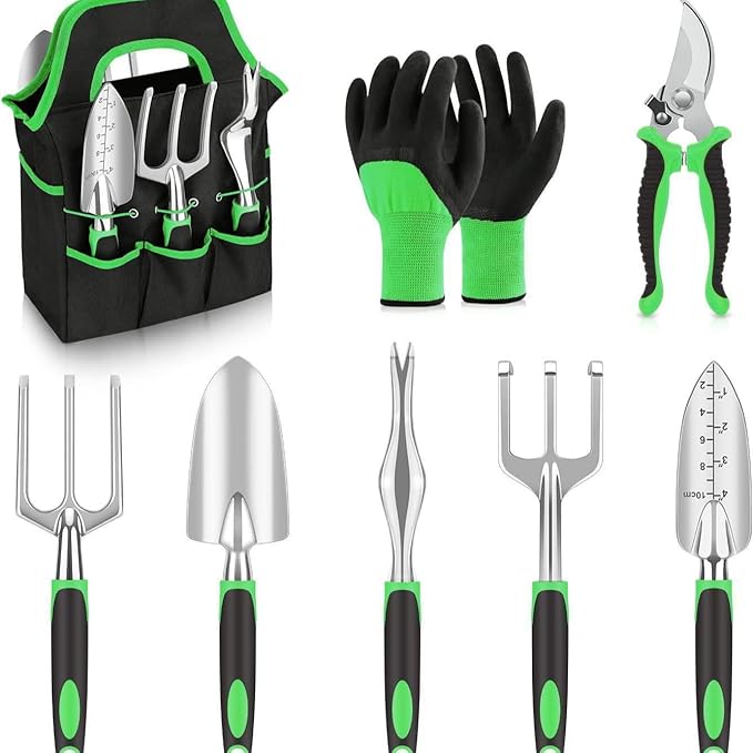 Garden Tool Set 8 PCS Stainless Steel Heavy Duty Gardening Tool Set with Non-Slip Rubber Grip Storage Tote Bag Outdoor Hand Tools Pruning Shears Set Gardening Tool Kit（Green）