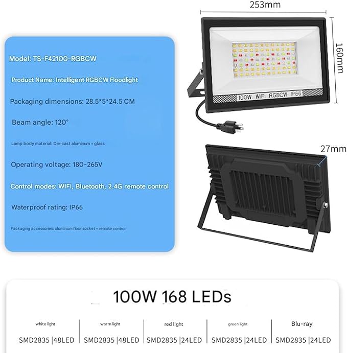 RGB LED Flood Light Outdoor 100W Equivalent Bluetooth Smart Floodlights 16 Million Color Changing Timing Music Sync IP66 Waterproof Landscape Lighting