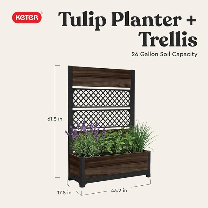 Keter Outdoor Planter Box with Privacy Screen and Trellis – 26 Gallon Raised Garden Bed for Climbing Plants &amp Flowers – Wood-Look Resin Weather-Resistant Divider for Patio Balcony &amp Backyard