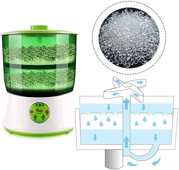 Bean Sprouts Machine Automatic Sprouts Growing Kit 2 Layers Auto Household Bean Seed Cereal Sprouts Machine 360° Sprinkler 3 Seasons Modes for Radish Wheatgrass Broccoli Sprouts 110V