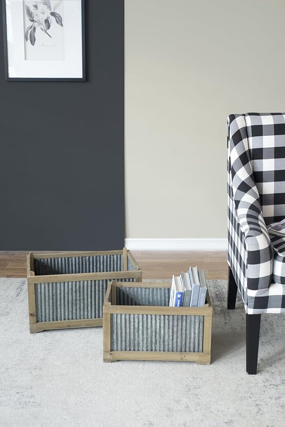 Set of 2 Rectangular Rustic Planter L:20x14x11.5 S:17x12x10