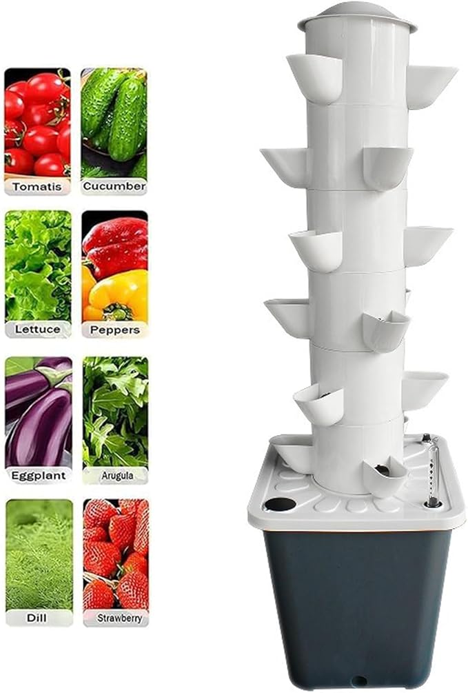 Vertical Hydroponic Tower Garden System | 2/3/4/5/6 Layers Indoor Hydroponic Tower | Soilless Cultivation | with Water Pump &amp Timer for Strawberries Tomatoes Lettuce Herbs (Grey 15 Holes)