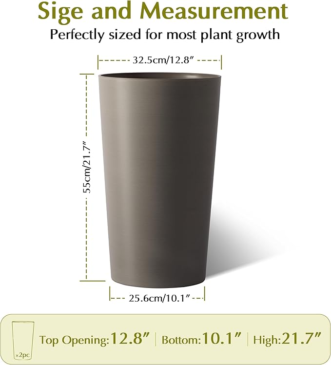 2 Pack Tall 21.7 in for Outdoor Plants Tall Square Planter Box Indoor Outdoor Porch Patio Flower Pot Big Tapered Matte Tree Flower Pot for Garden (Brown)