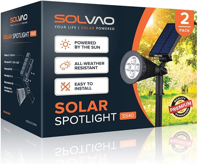 SOLVAO Solar Spot Light | Ultra Bright All-Weather-Resistant Waterproof | Auto On/Off Sensor Adjustable 270° | Rechargeable LED for Outdoor Driveway Garden Landscape Wall Fence Yard | 2 Pck