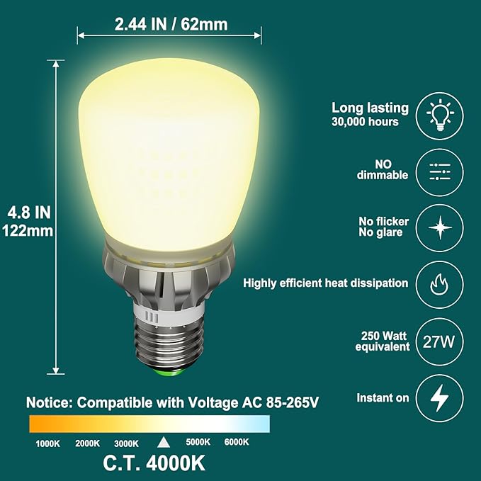 LED Light Bulbs A19 250 Watt Equivalent Bright E26 LED Bulbs 3670LM Neutral White 4000K 27W LED Corn Light Bulb Non-Dimmable 2-Pack