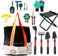 Garden Tool Set with Tote Bag 54 Pieces Includes Hand Tools Pruning Shears Gloves Plant Labels Folding Stool (Red)