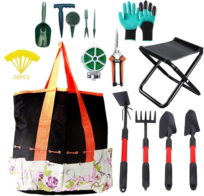Garden Tool Set with Tote Bag 54 Pieces Includes Hand Tools Pruning Shears Gloves Plant Labels Folding Stool (Red)