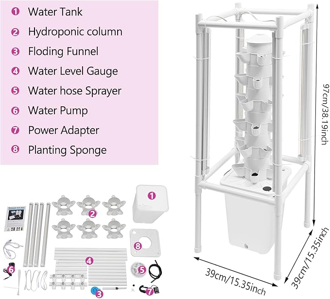 Hydroponic Tower Growing System Kits with LED Grow Lights 30 Pods Indoor Vertical Planter Germination Kit 6 Layers Hydroponic Tower for Fruits Vegetables Herbs and Miniature Greens (White)