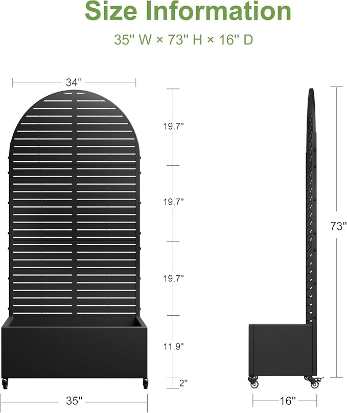 Casaphoria Metal Raised Garden Bed with Trellis and Wheels 72x35x16 Arched Planter Box for Climbing Plants Vegetables &amp Vines Features Drainage Holes and Privacy Screen (Black-Louvered)