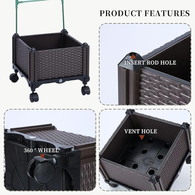 Sherbo Raised Garden Bed Planter Box on Wheels with Trellis Rattan Style Raised Planter Beds for Outdoor Plants Compact Mobile Planter Boxes Outdoor for Patio or Balcony