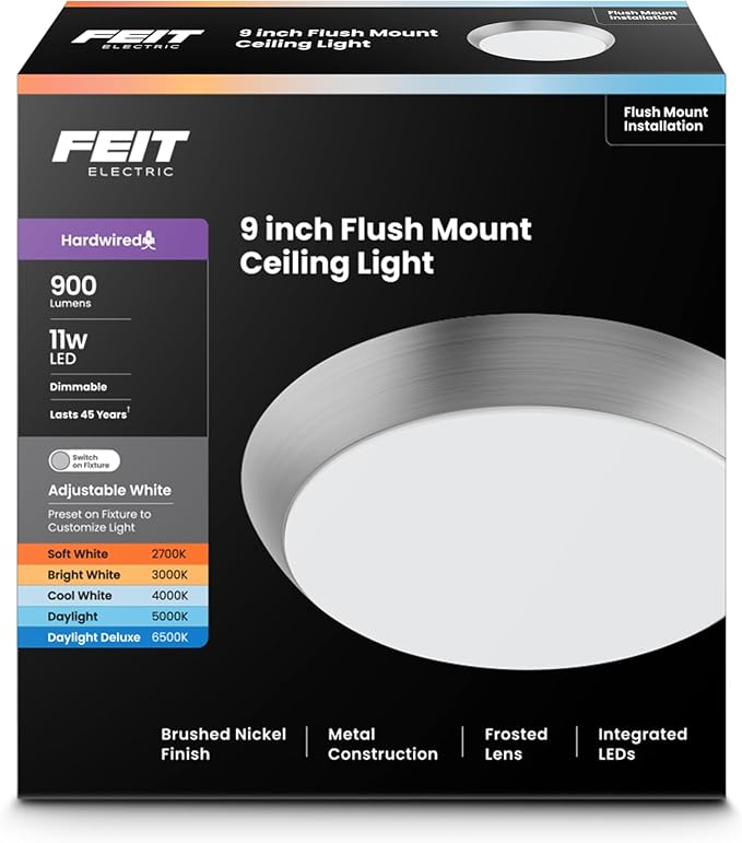 Feit Electric 9 Adjustable White LED Ceiling Light Dimmable Flush Mount Fixture Brushed Nickel Finish Selectable Color Temperature 900 Lumens 50000-Hour Lifespan FM9/5CCT/NK