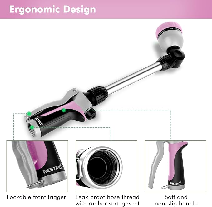 RESTMO Metal Watering Wand Heavy Duty Garden Hose Wand with 180° Swivel Ratcheting Head 16'' Hose Nozzle Sprayer with 7 Spray Patterns and Flow Control for Water Hanging Baskets and Shrubs Pink