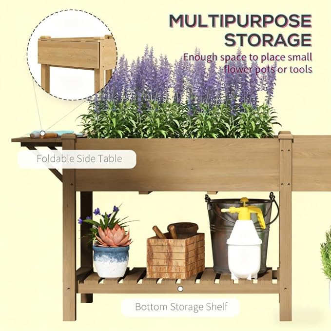 Elevated Garden BedWood Raised GBoxwith Side TableBottom ShelfBed Liners and Drainage Holes