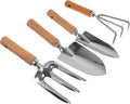 Angoily Garden Tool Set 4pcs with Wooden Handles – Small Garden Shovel Narrow Shovel 3-Prong Hand Rake and 3-Prong Hoe for Outdoor Gardening Weeding and Planting
