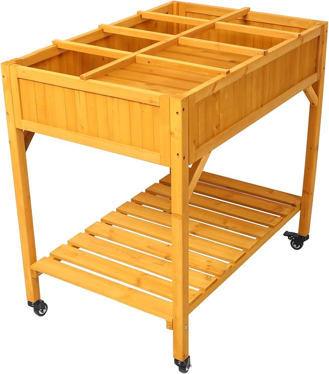 Dawn Elevated 8 Pocket Herb Garden Bed Mobile Raised Customizable Wood Planter for Herbs Vegetables Flowers w/Lockable Wheels Storage Shelf Drainage Holes