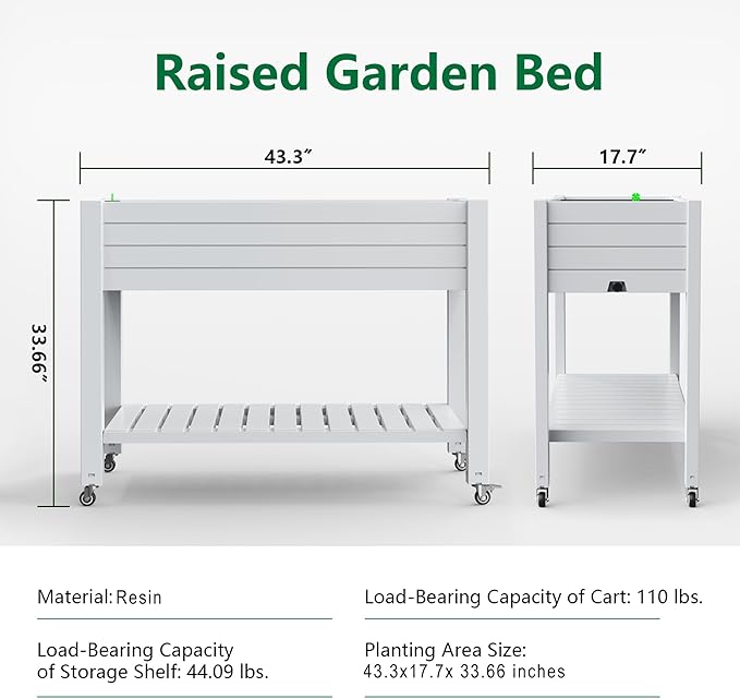 Mobile Raised Garden Bed with Lower Storage Shelf &amp Lockable Wheels Elevated Planter Box with Drainage Durable Eco-Friendly Material for Patio Balcony Yard (Ashen43.31*17.72*33.66)
