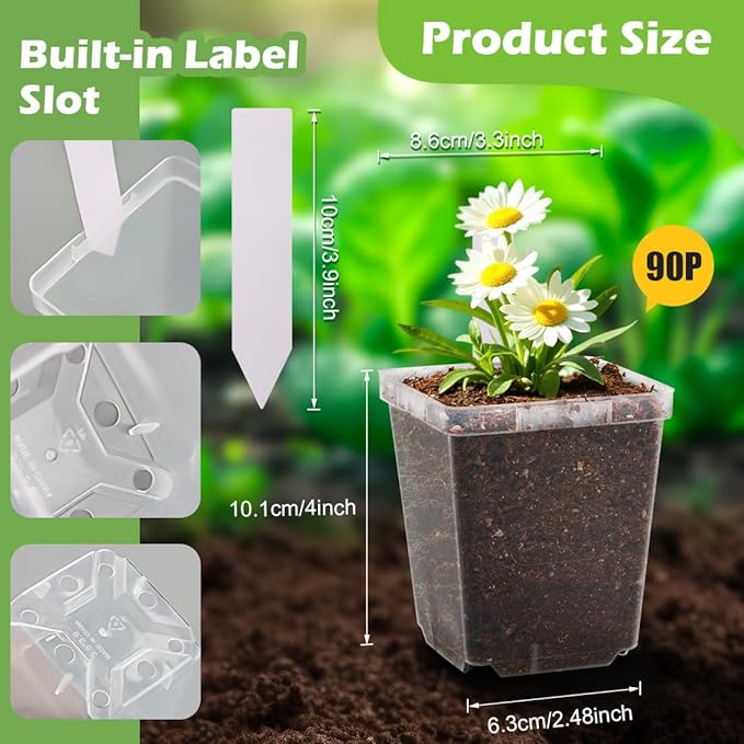 3.3 Inch Clear Nursery Pots with Drainage90 Pack Square Seedling Pots with Plant LablesReusable Seed Starter Pots for Succulents Transplanting Herbs Flowers Tomato Windowsill Gardening