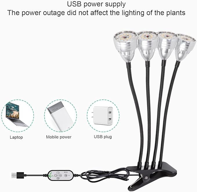 LED Grow Light Aluminium Alloy 4 Heads Bendable Adjustable USB Plant Light with Clip - Flexible 360 Degree Bending Full Indoor Growing Light Plants