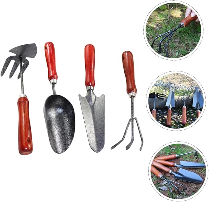 Beaupretty 4pcs Gardening Tool Set Small Garden Shovels for Digging Planting with Extended Narrow Shovel 3-Prong Rake Dual-use Hoe and Rake Soil Scoop Hand Tools for Garden and Planter Use