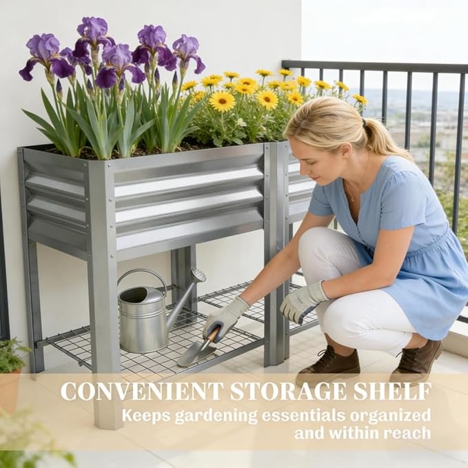Raised Garden Bed39.6 Gal CapacityPowder-Coated Galvanized Steel Supporting Up to 396 lbsIncludes a Bottom Shelf6 Legsfor Backyard Patio Balcony