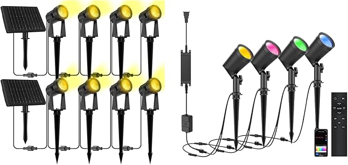 ZYAN Solar Spotlights Black Cord (8 Pack Warm White) Plug in Spotlights 4 Pack RGBW Color