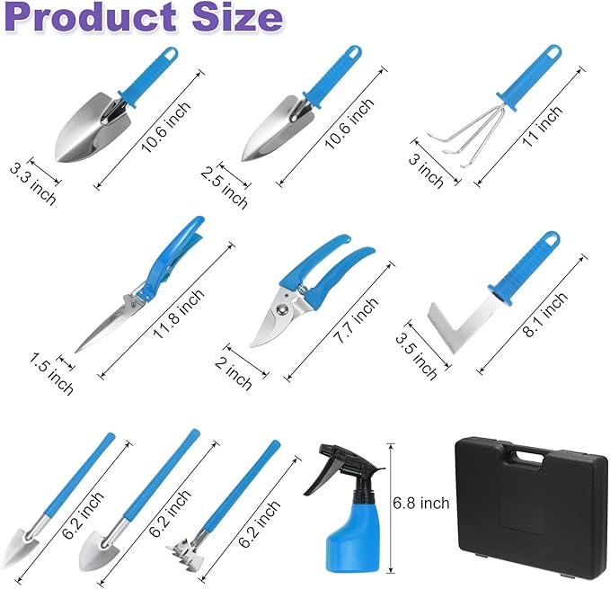 HARFINGTON 1 Set Garden Tool Set 10 Pieces Plastic Gardening Planting Tools Kits with Shovels Rake Scissor Trimmer Water Sprayer and Store Case Blue