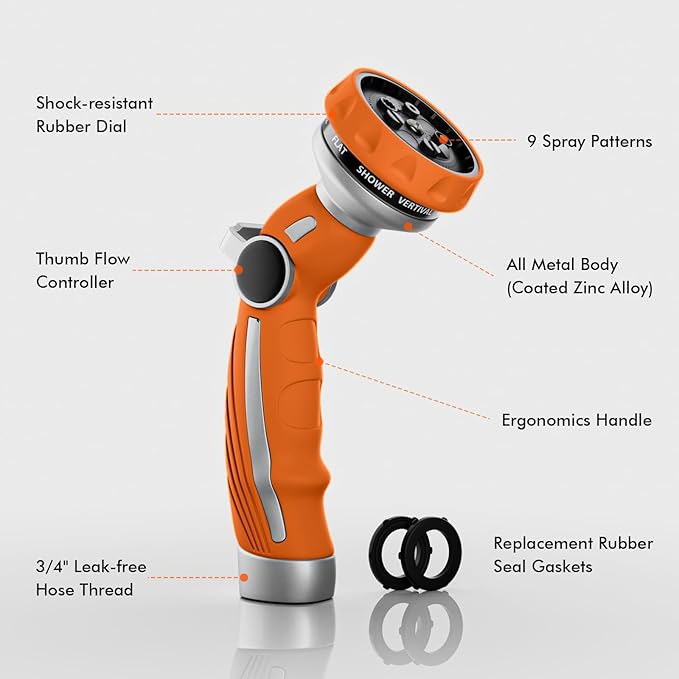 RESTMO Hose Nozzle Heavy Duty Metal Water Hose Sprayer for Garden 9 Spray Patterns | High Pressure | Thumb Flow Control | On/Off Valve Ideal for Lawn &amp Plant Watering Car &amp Pet Washing Or