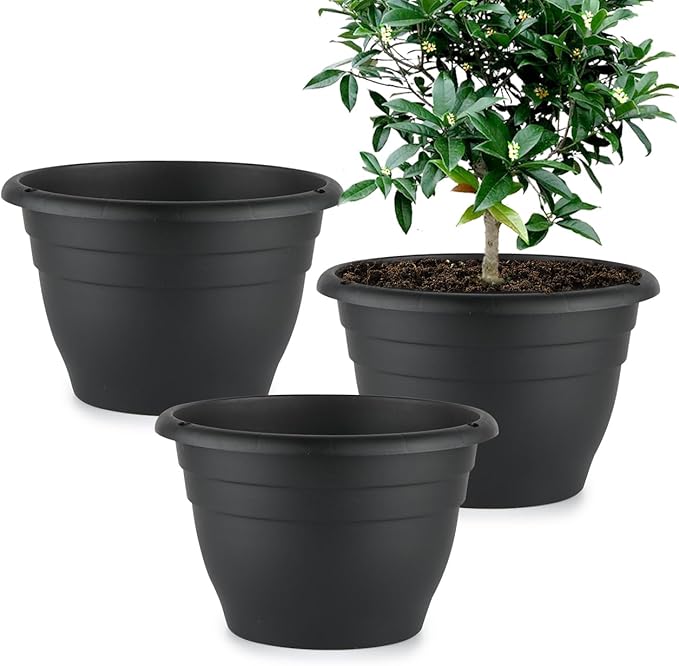 3 Pack 11 Inch Plant PotsPlastic Flower Pots with Drainage HolesLightweight Durable Planters for Indoor Outdoor PlantsModern Decorative Pots for Patio Garden(Black)