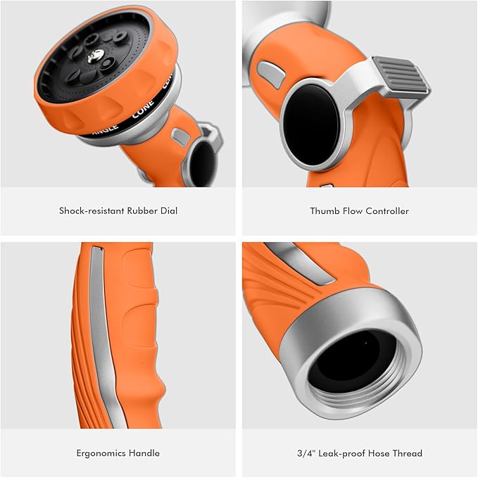 RESTMO Hose Nozzle Heavy Duty Metal Water Hose Sprayer for Garden 9 Spray Patterns | High Pressure | Thumb Flow Control | On/Off Valve Ideal for Lawn &amp Plant Watering Car &amp Pet Washing Or