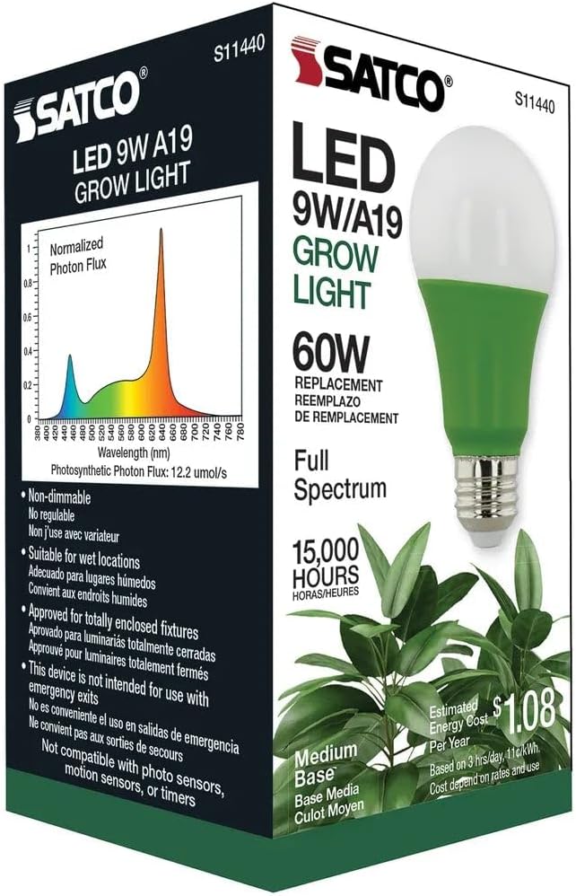 Satco S11440 9 Watts A19 LED Full Spectrum Plant Grow Lamp Medium Base 120 Volt Help Grow Ornament Plants and Succulents for Wet Rated Locations Green (12 LED Light Bulbs)
