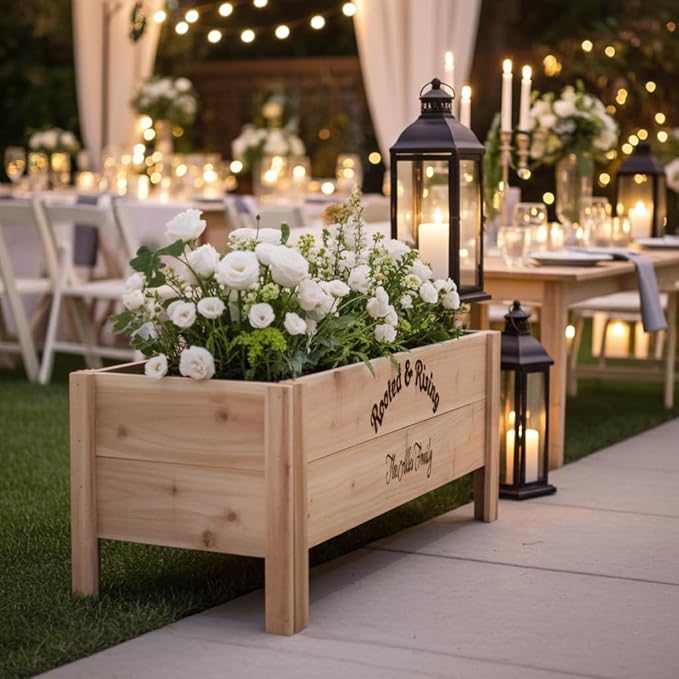Personalized Cedar Raised Planter Box – Custom Engraved Wooden Garden Boxes for Weddings Events Restaurants &amp Coffee Shops Handmade in USA
