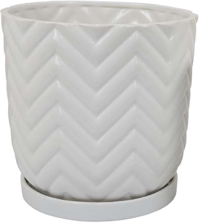 Planter Set of 2 Saucers Wave Patterns White Ceramic