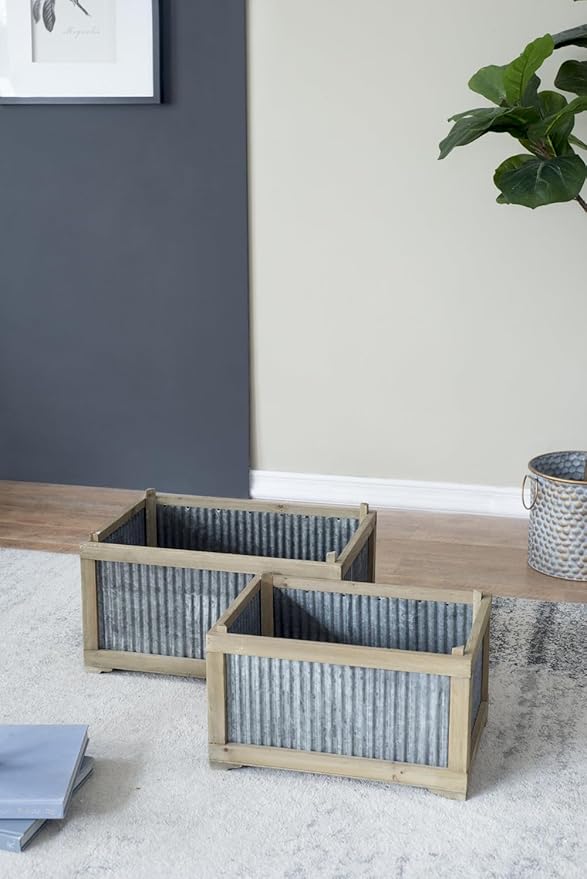 Set of 2 Rectangular Rustic Planter L:20x14x11.5 S:17x12x10