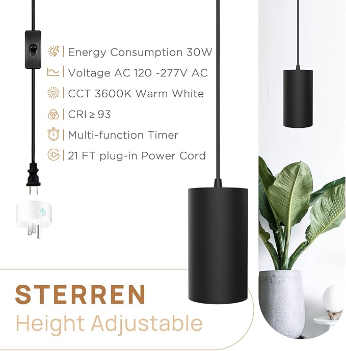 STERREN Hanging Grow LightsPlug in Pendant Light for Indoor PlantsFull Spectrum Plant Light with ON/Off Switch Auto Timer Decorative LED Grow Light with 21 FT Power Cord