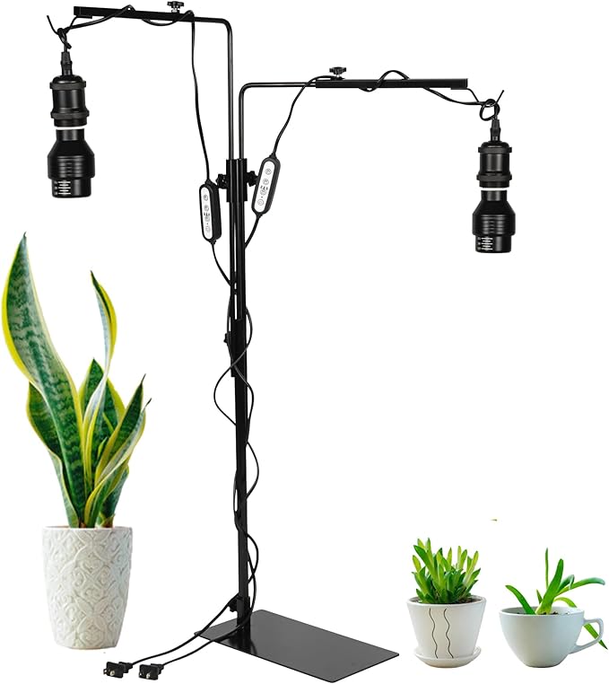 Plants Grow Stand 2-Lights E26 Base Adjustable Angle &amp Height with 5.9Ft Plug Timer Cord Free Placement for Plants Promotes Growth(Bulbs Sold Separately)