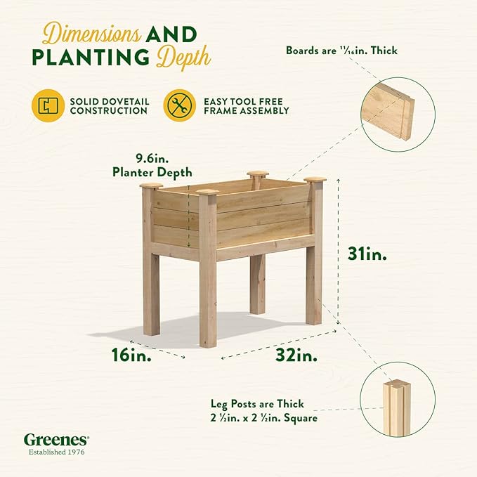 Greenes Fence Premium Cedar Elevated Garden Bed 16 W x 32 L x 31 H (3/4 Thick) - Made in USA with North American Cedar