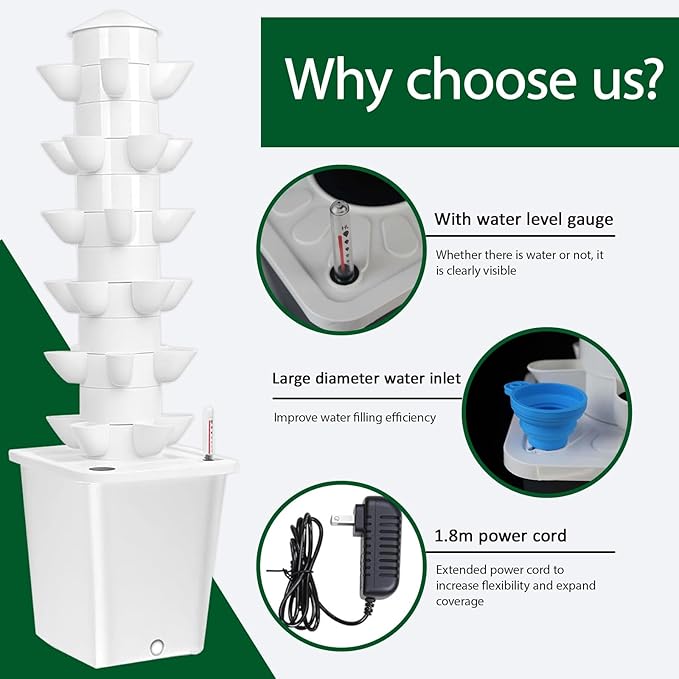 Aeroponic Tower Garden System with 10L Tank 6 Tier 30 Hole Hydroponic Tower System Vertical Farming Tower Kit for Home Kitchen and Office(Gray)