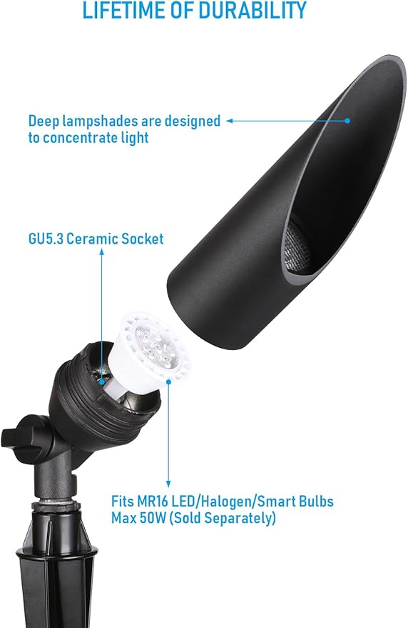 LEONLITE 9 Inch Low Voltage Landscape Spotlight 12V LED Outdoor Landscape Lighting with 7W 3000K MR16 Bulbs Max 50W GU5.3 Base Die-Cast Aluminum Uplighting for Garden Tree Yard Black Pack of 4