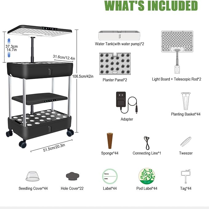 Aeroponic Tower Garden System Hydroponics Growing System with LED Grow Light Hydroponics Tower for Vegetable Fruit Healthy Fresh Herbs Vegetables(Black106.5cm/42in)