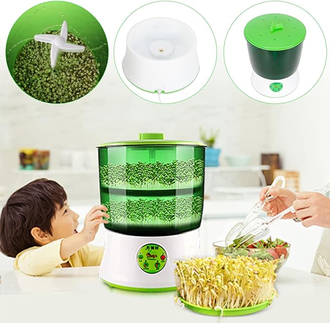 Bean Sprouts Machine Automatic Sprouts Growing Kit 2 Layers Auto Household Bean Seed Cereal Sprouts Machine 360° Sprinkler 3 Seasons Modes for Radish Wheatgrass Broccoli Sprouts 110V