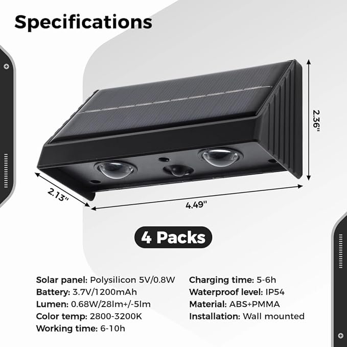 Bright Warm Outdoor Security Wall Lights Waterproof Led Solar Spotlights Solar Fence Lights 4 Packs with 1200Mah Battery Wireless Outdoor Patio Lights for Backyard Garden Porch