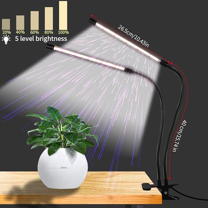 GooingTop LED Grow Light6000K Full Spectrum Clip Plant Growing Lamp with White Red LEDs for Indoor Plants5-Level DimmableAuto On Off Timing 4 8 12Hrs