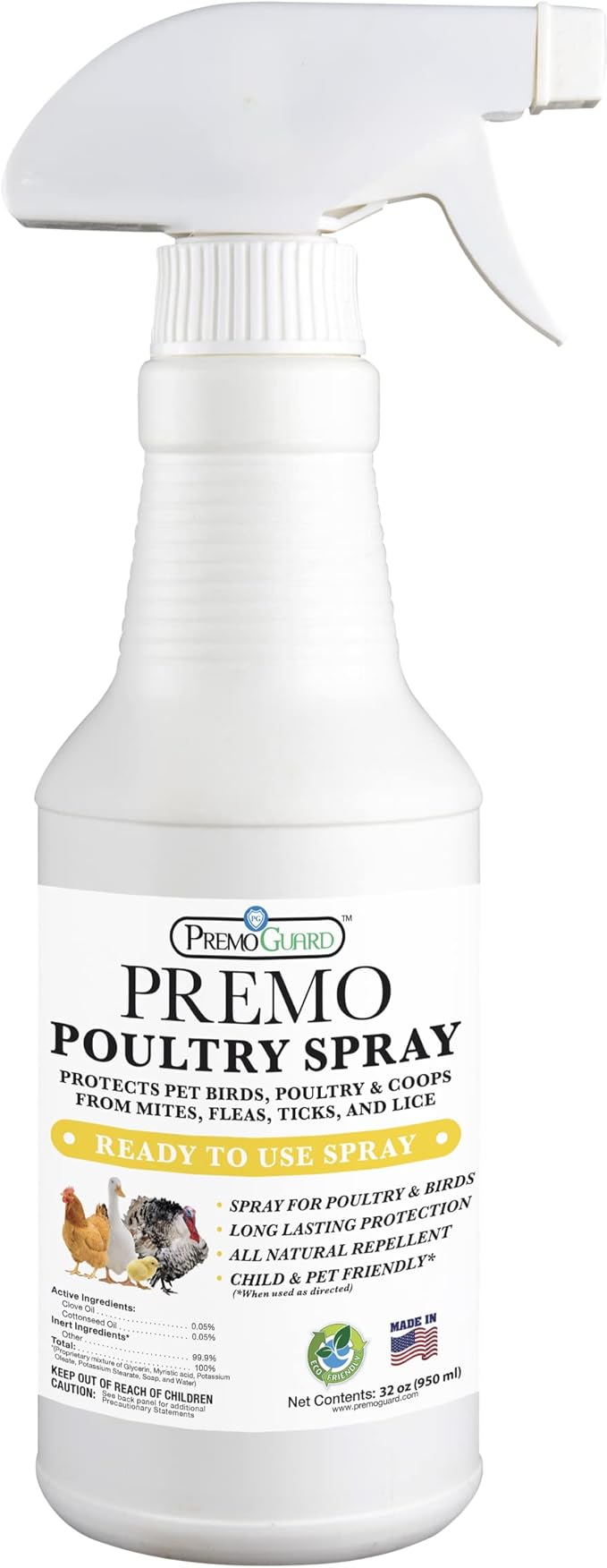 Premo Guard Poultry Spray - 32 oz - Kill Scaly Leg Mites Fleas Lice &amp Other Pest on Chickens and in Coops - Natural Plant Based Oils for Control &amp Prevention - Family Safe with No Egg Wit